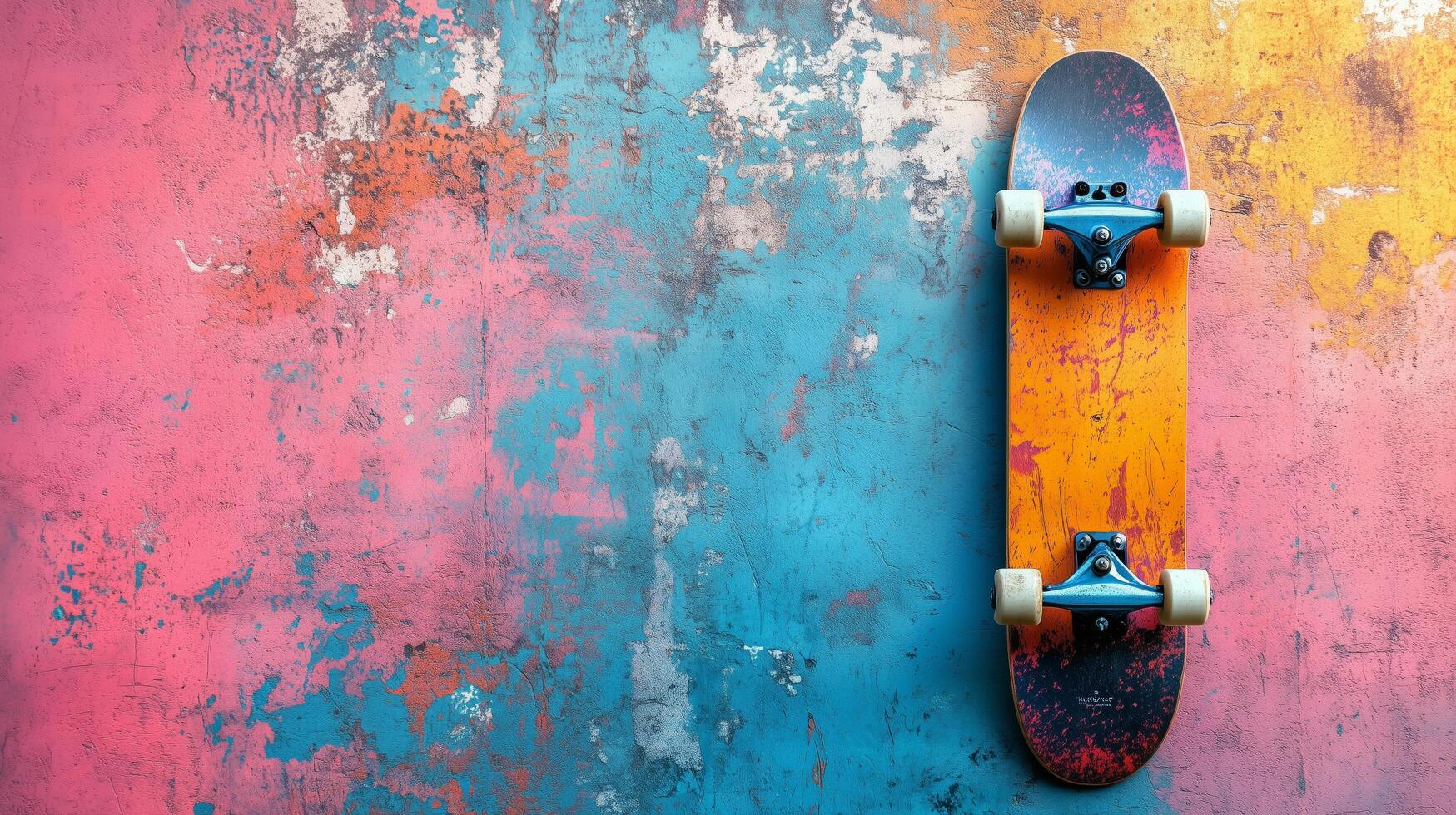 Skateboard resting against a colorful wall with vibrant paint splatters in an urban setting. photo