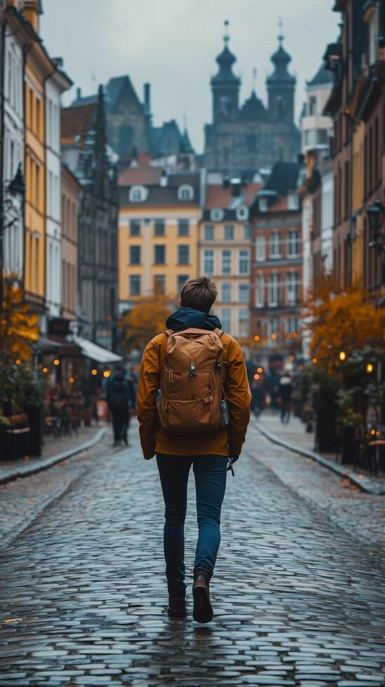 Exploring a historic street in autumn with a traveler in a cozy cityscape. photo