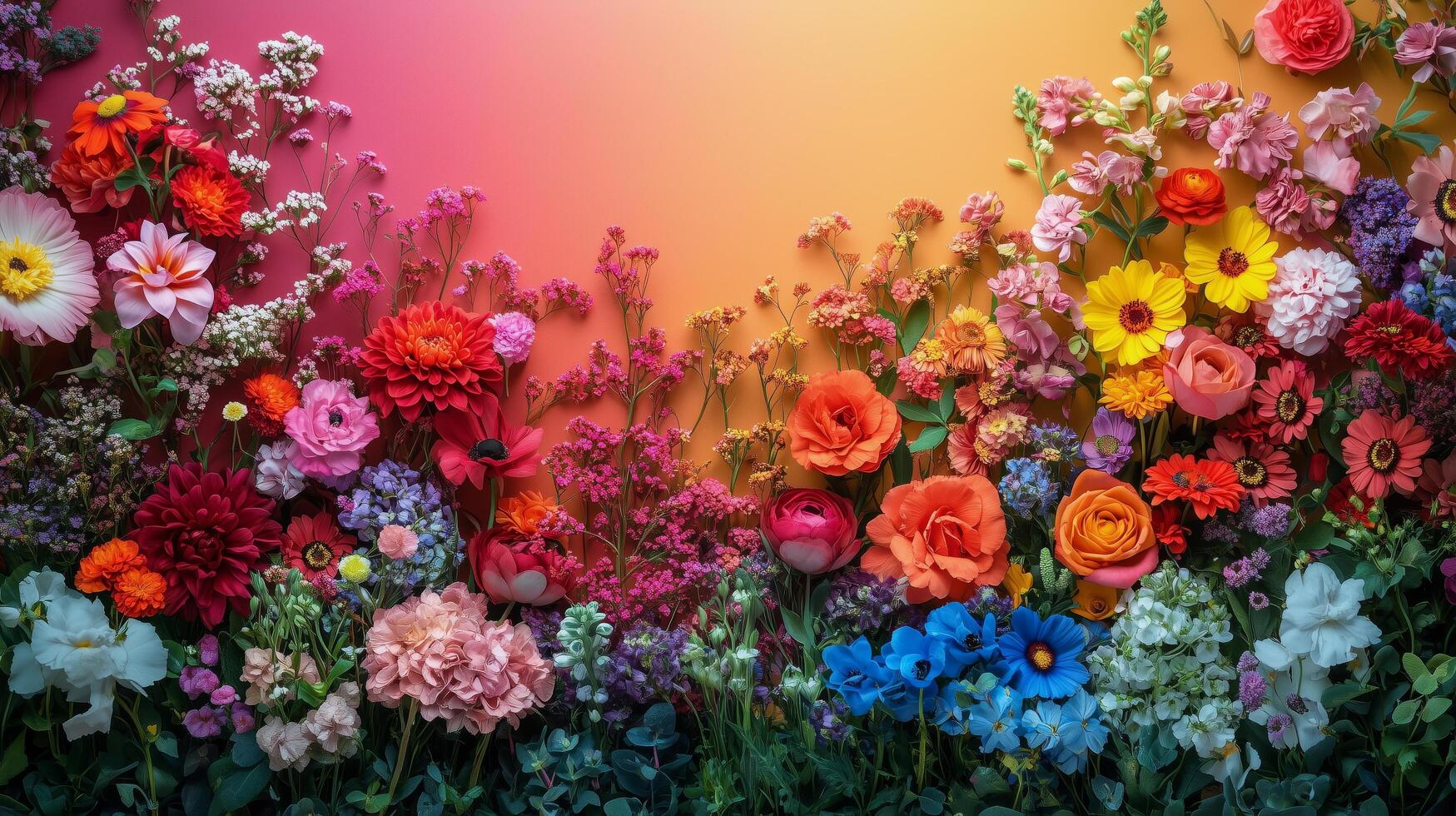 Colorful arrangement of flowers with a vibrant gradient background in a bright setting. photo