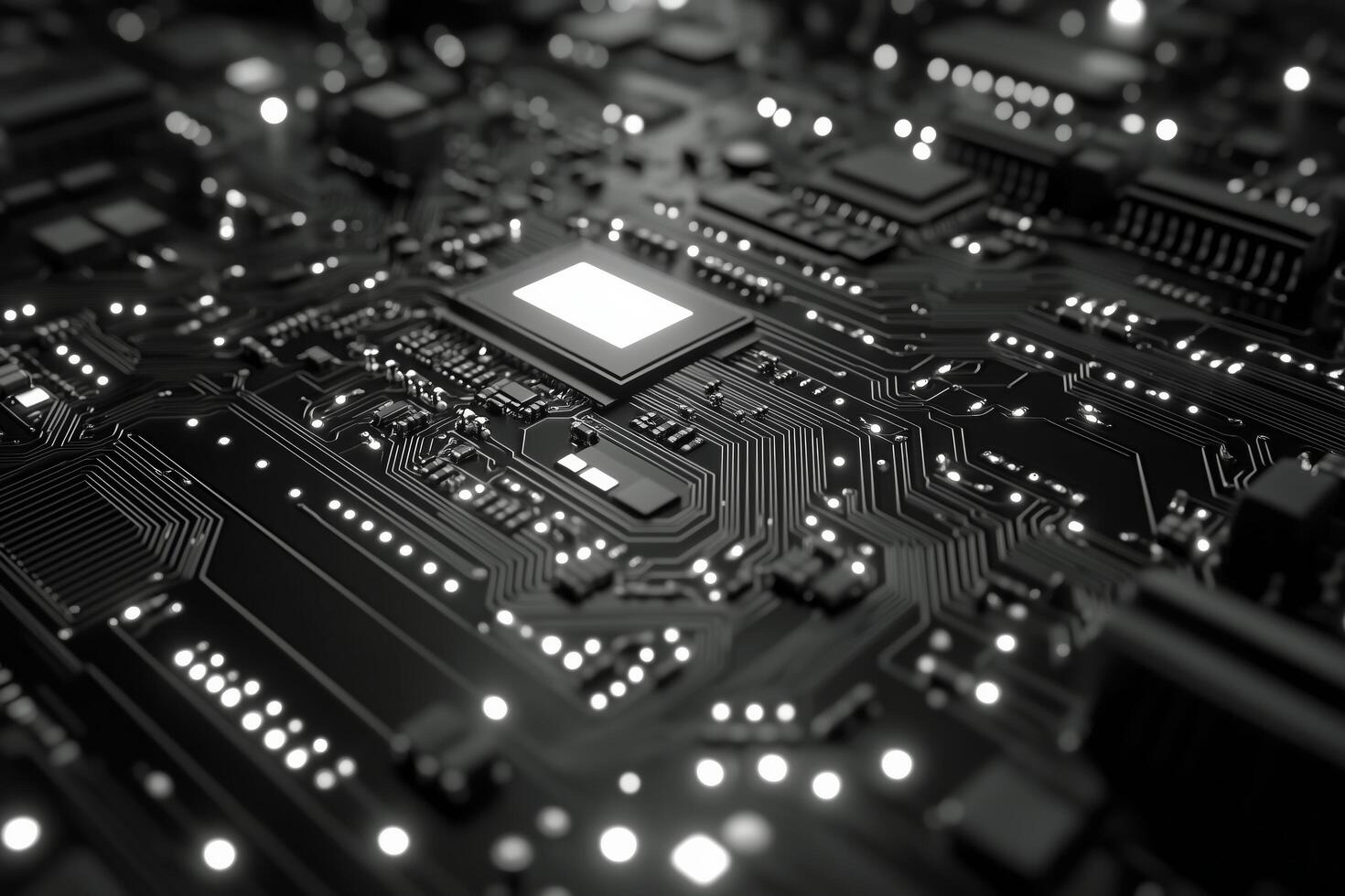 Close-up view of a complex circuit board highlighting intricate electronic components at night. photo