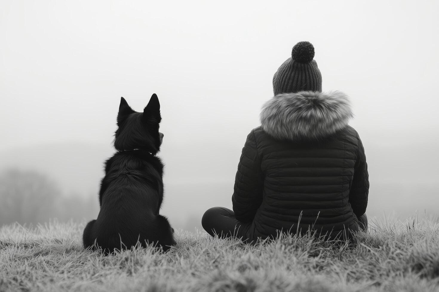 Companionship in foggy landscape with dog and person seated on grassy hilltop. photo