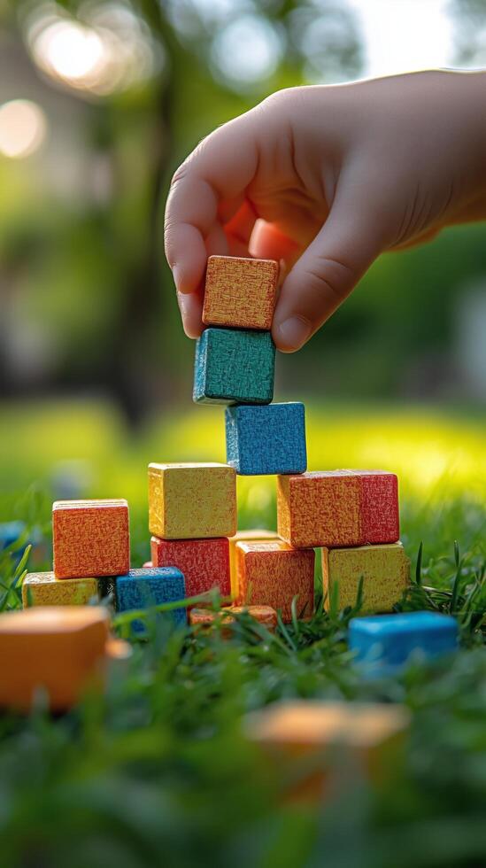 Child stacking colorful blocks in a sunny park filled with green grass. photo