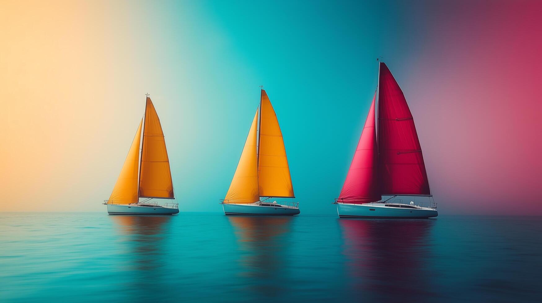 Colorful sailboats navigate calm waters during sunset with vibrant hues in the sky. photo