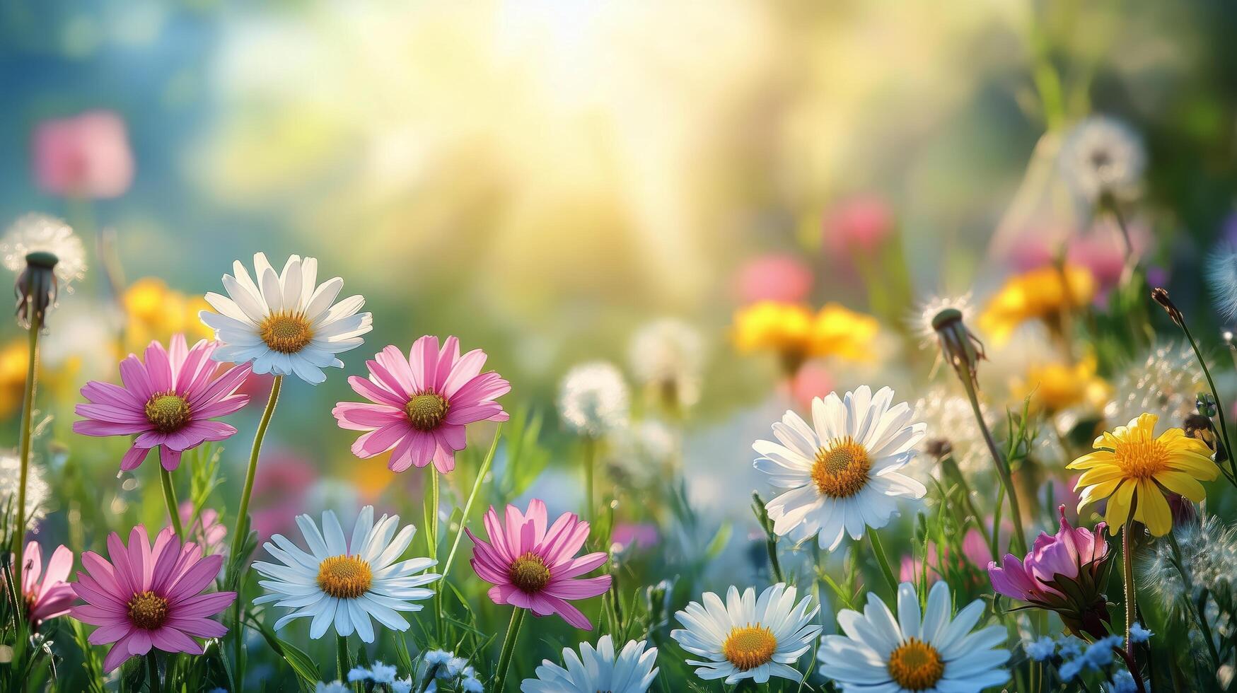Colorful wildflowers bloom in sunlight in a vibrant spring meadow. photo