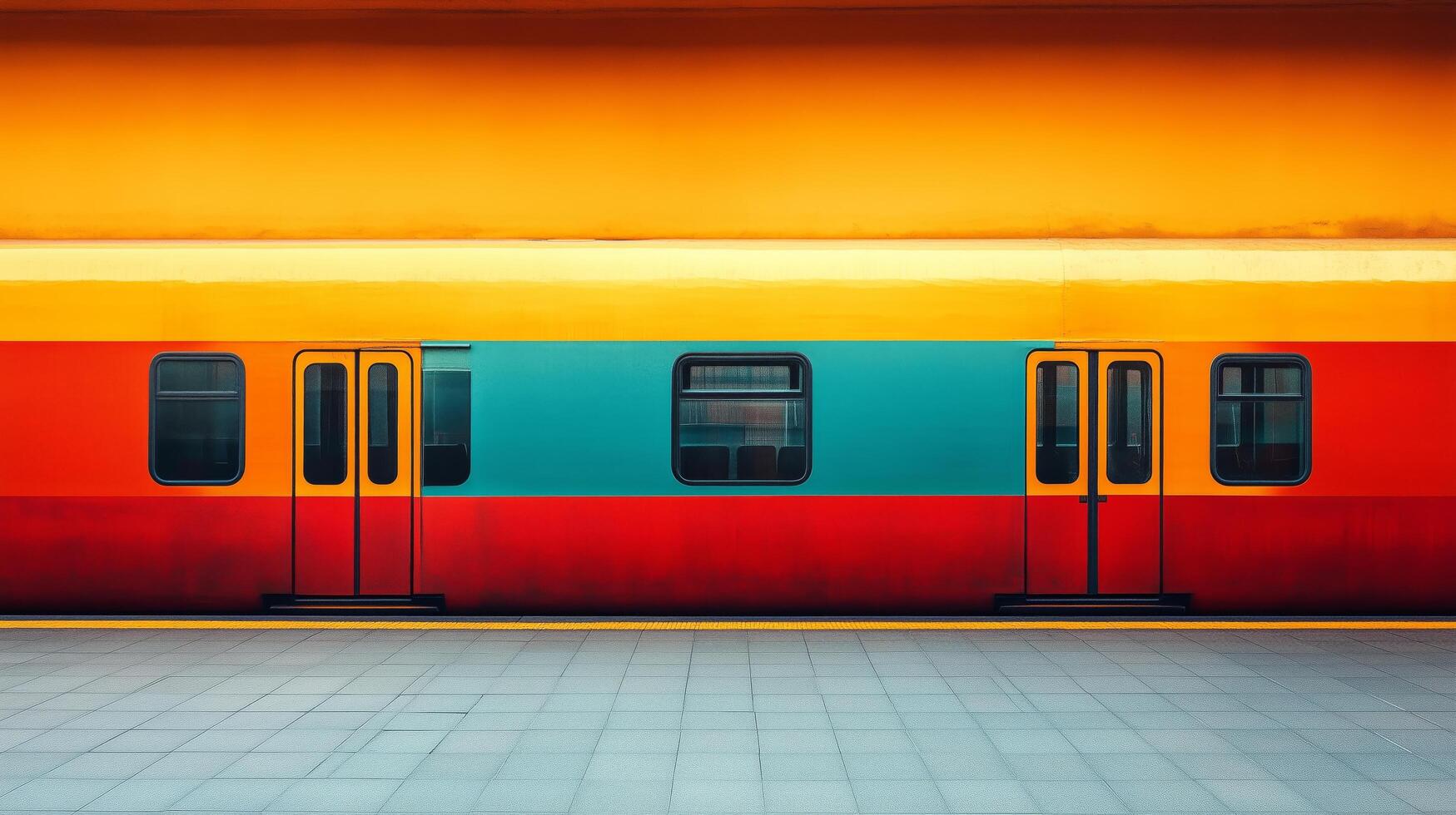 Colorful train waiting at a vibrant urban station during midday hours. photo