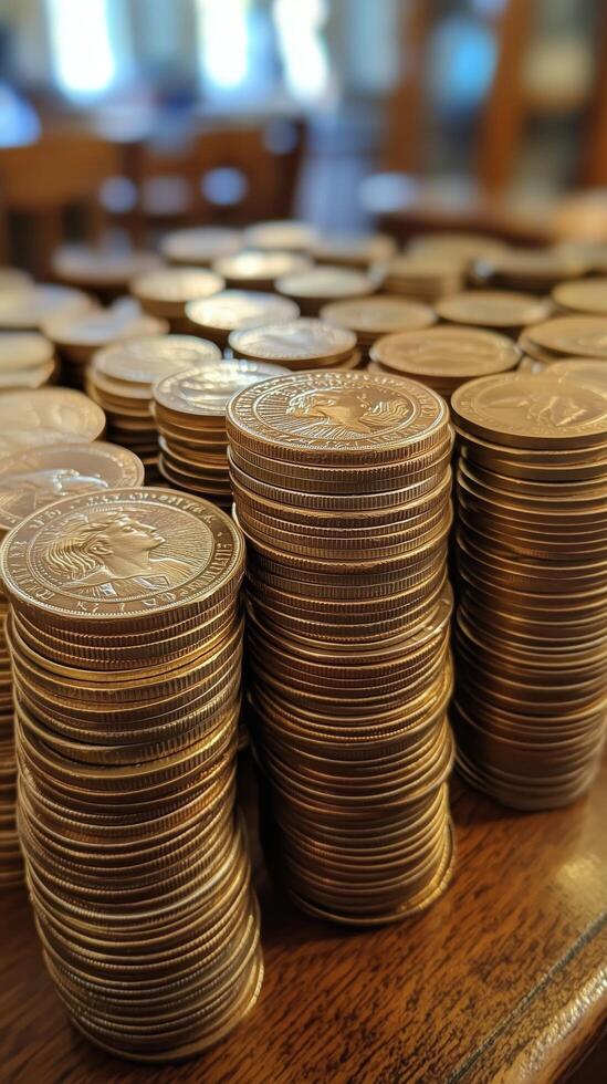 Stacked coins creating a large display on a wooden table during daylight hours. photo