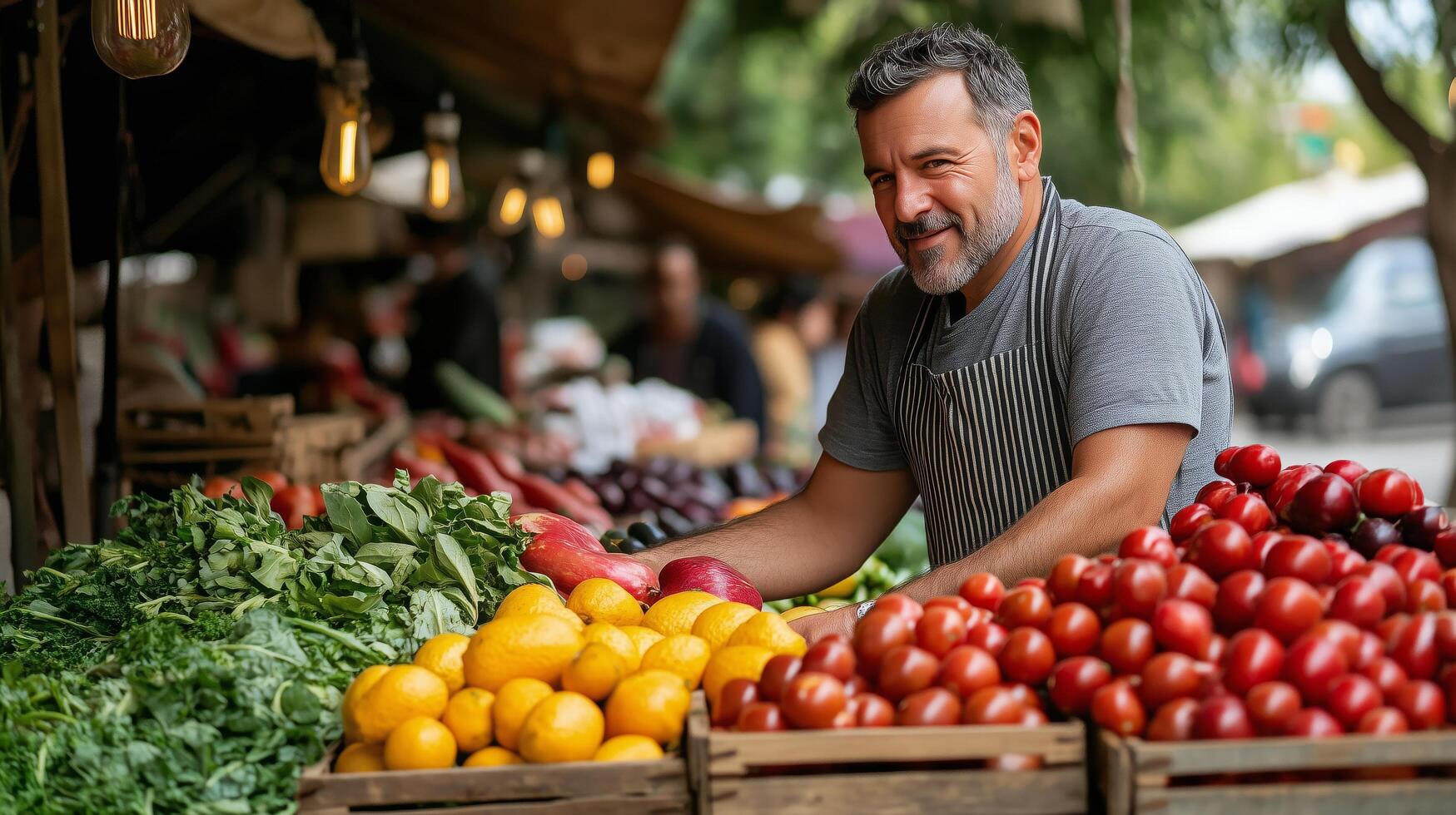 Market vendor arranging fresh produce at local market in vibrant atmosphere. photo