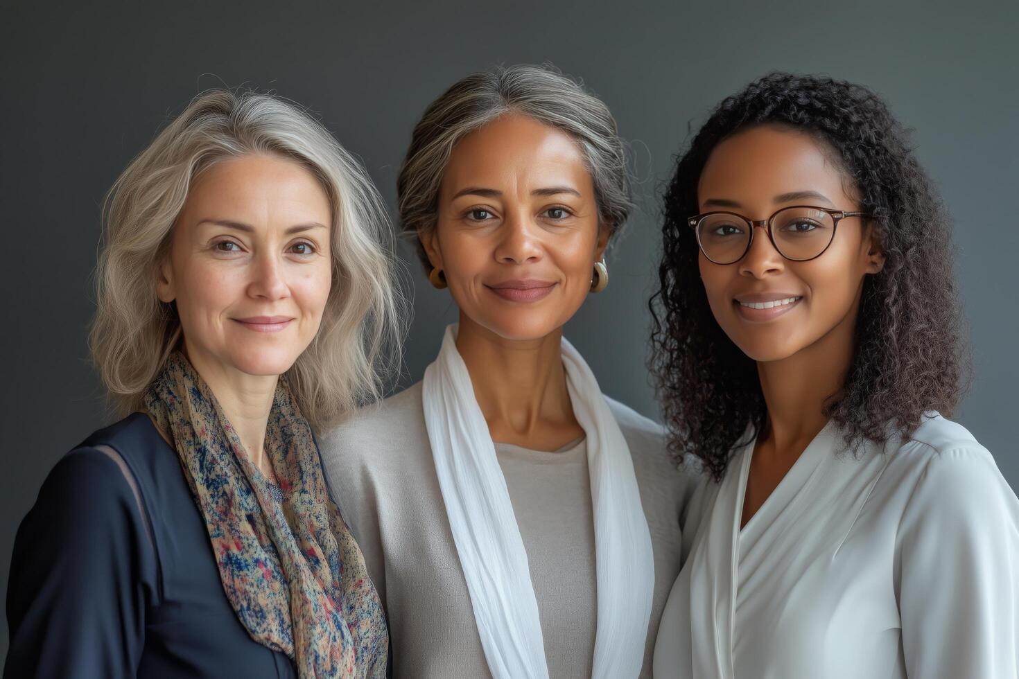 Three women of diverse backgrounds pose together for a portrait in natural light. photo