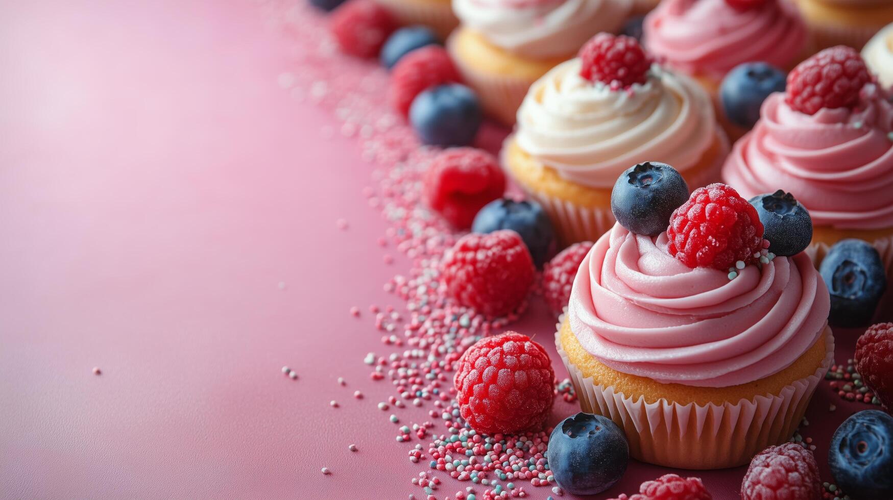 Delicious cupcakes with raspberry and blueberry toppings on a pink background for a sweet celebration. photo