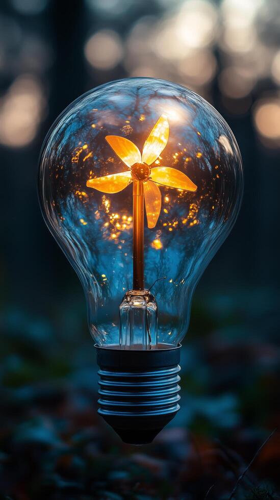 Light bulb with glowing flower design shines during twilight in a forest setting. photo