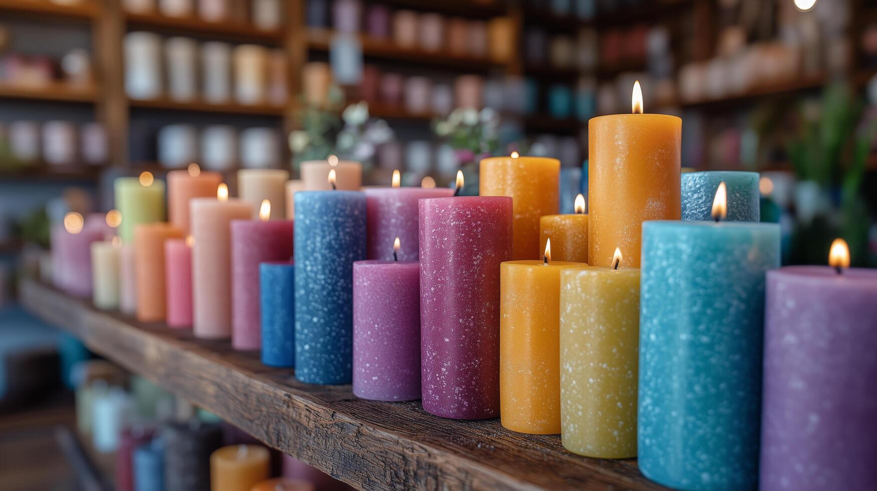 Colorful candles lit up on display in a cozy shop showcasing diverse designs and sizes. photo