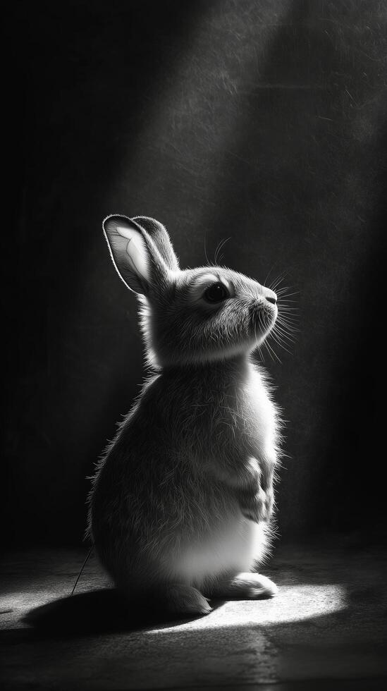 Small rabbit sitting in soft light with a focused expression during a quiet moment. photo