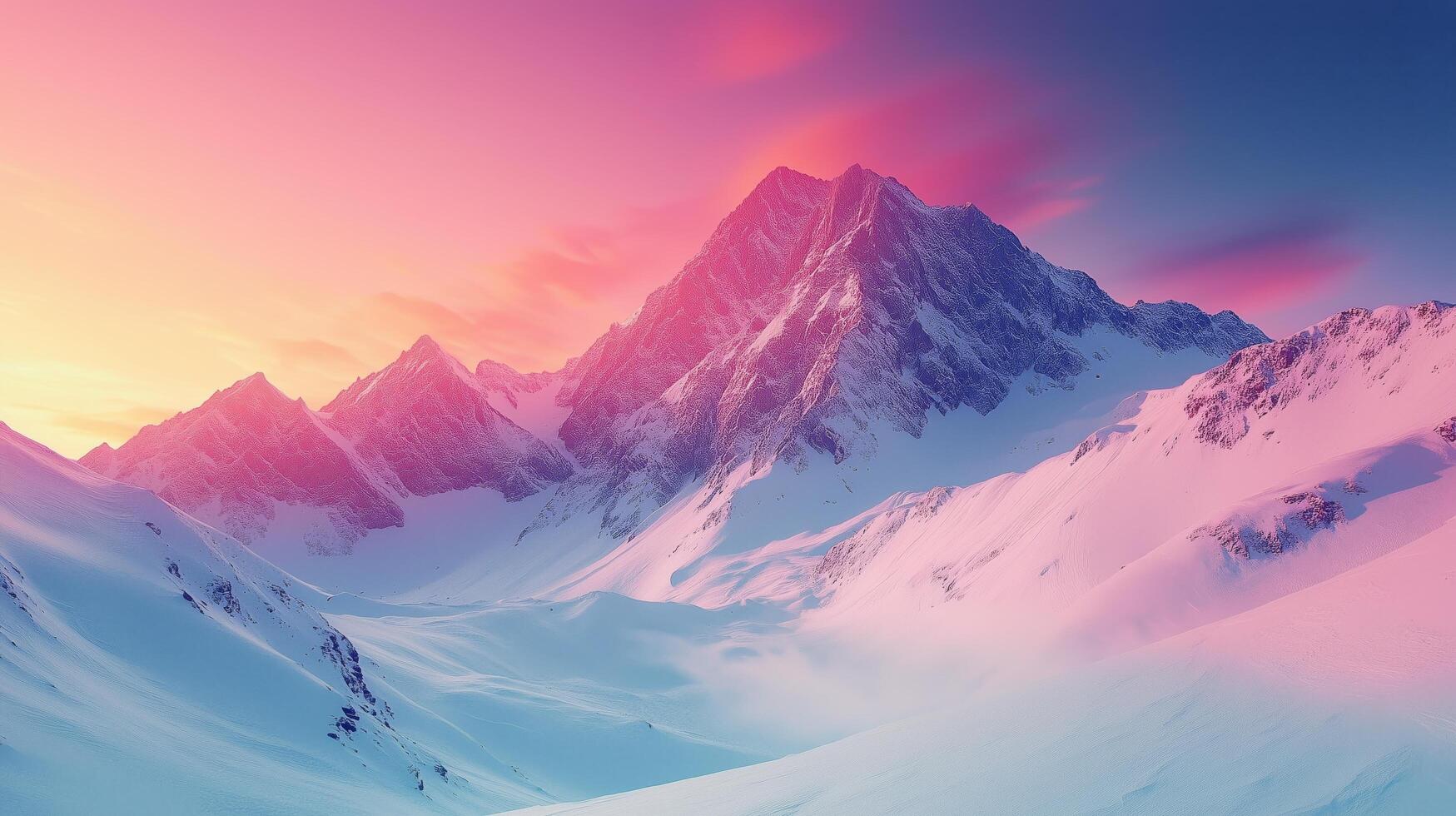 Snowy mountain landscape with vibrant sunrise illuminating peaks at dawn. photo