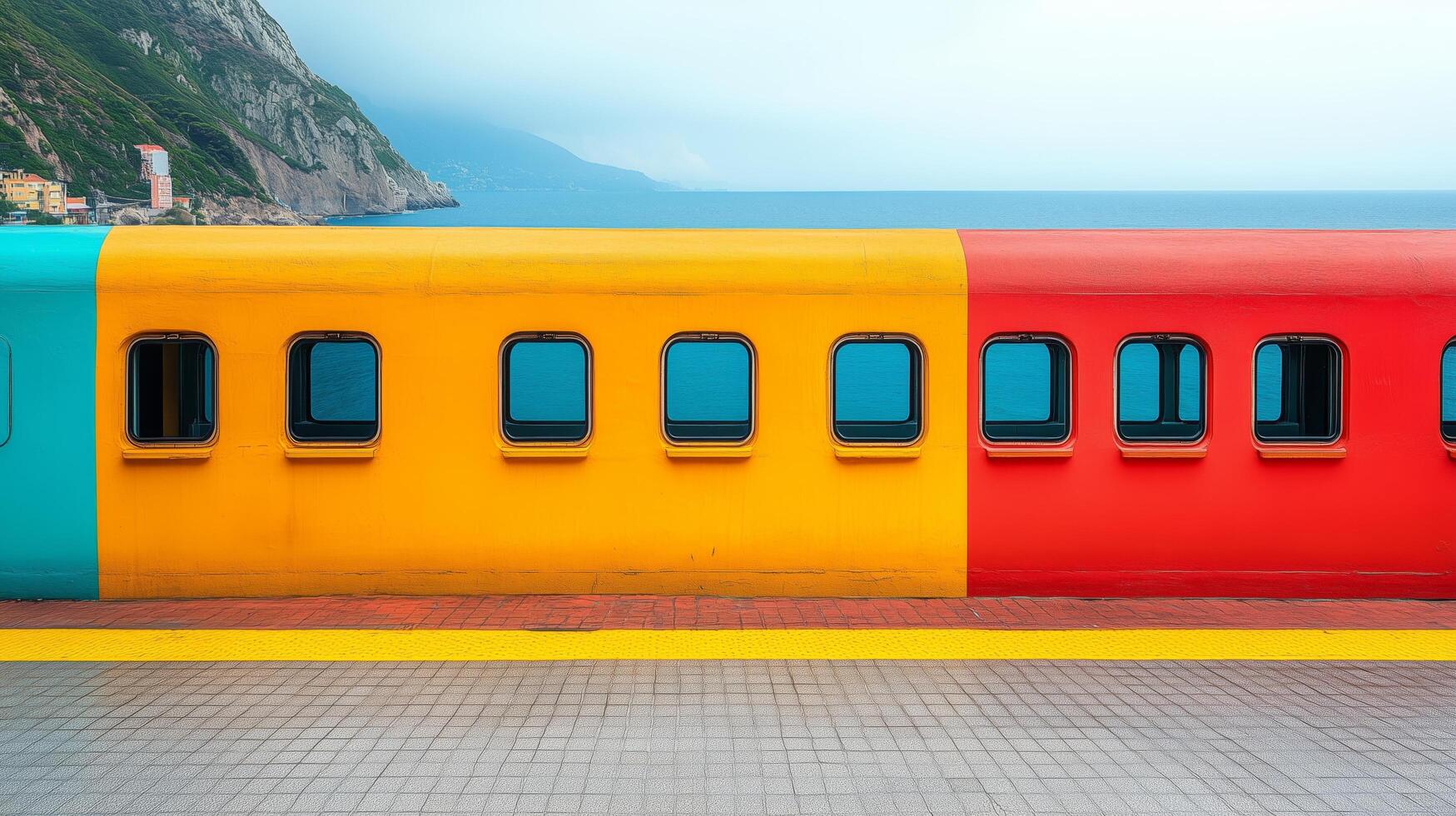 Vibrant train car stands at coastal station with colorful exterior in a scenic location. photo
