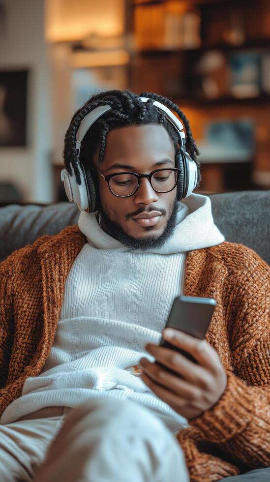 Young man relaxing on sofa while listening to music on smartphone in cozy indoor setting. photo