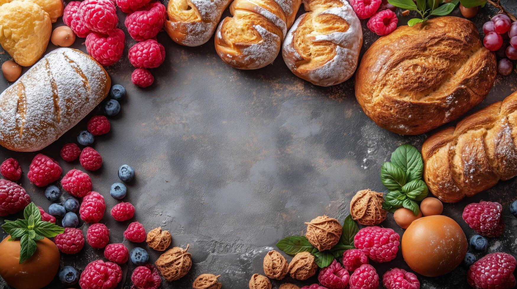 Freshly baked bread surrounded by an assortment of berries and nuts on a textured surface. photo