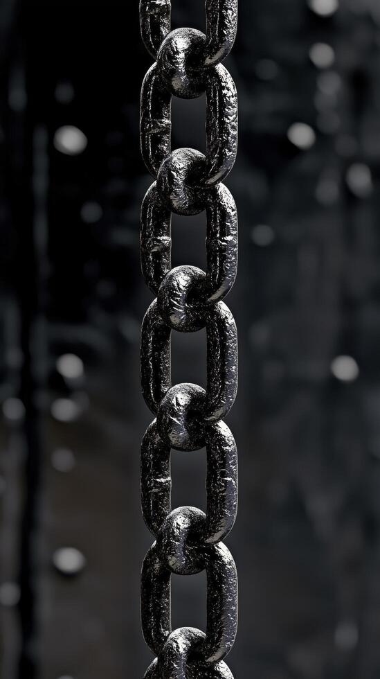 Close up of a heavy metal chain against a blurred dark background featuring water droplets. photo
