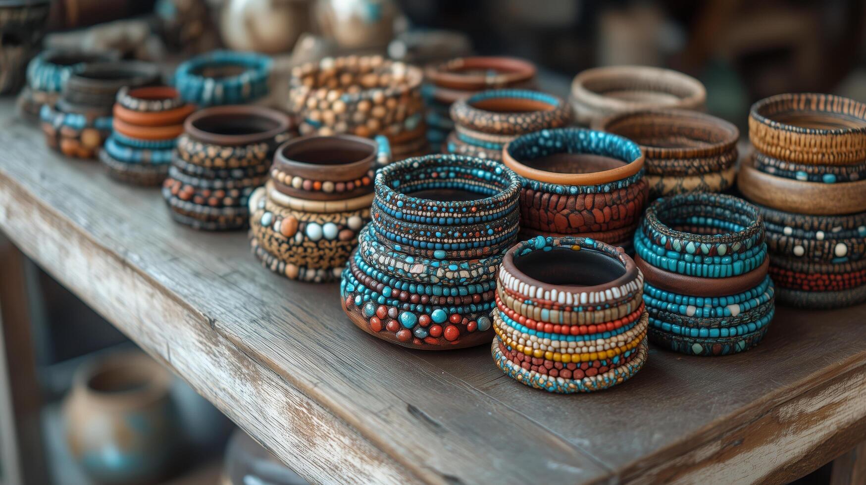 Colorful handcrafted bracelets displayed on a rustic wooden table in a artisan shop. photo