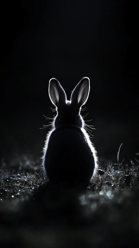 Rabbit silhouette against dark background showcasing soft fur texture and prominent ears at night. photo