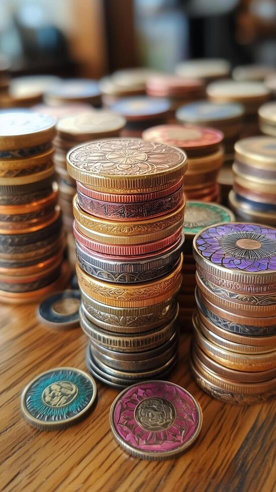 Stacks of colorful coins display intricate designs on a wooden table in a bright setting. photo