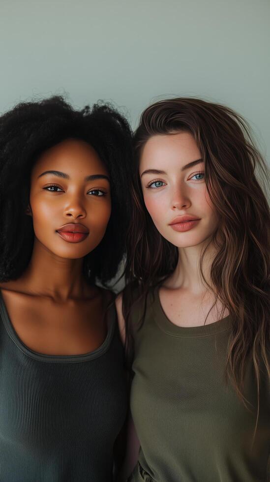 Two women with diverse features pose together against a neutral background in a casual setting. photo