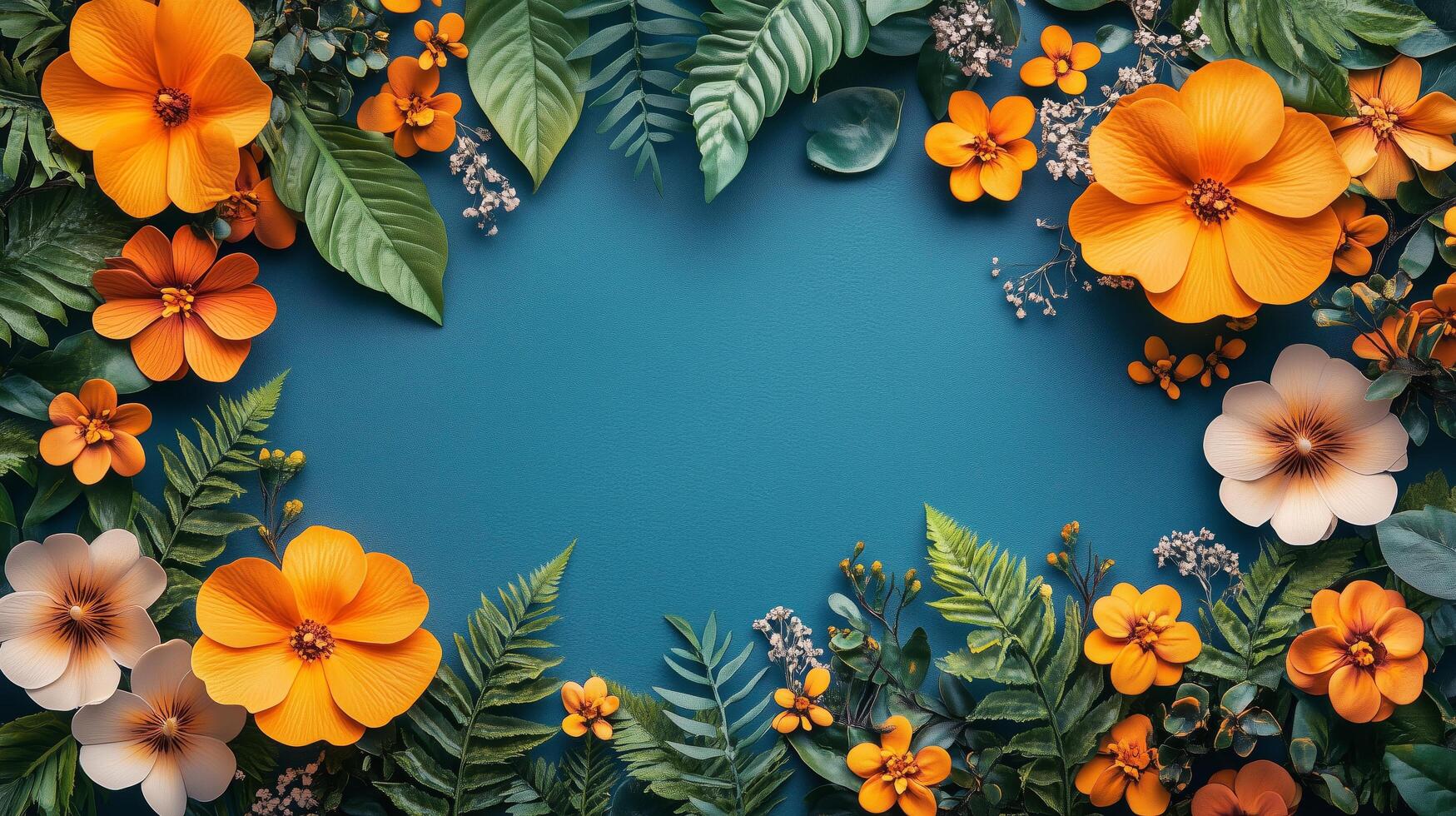 Vibrant orange and white flowers surrounded by green foliage on a blue background. photo