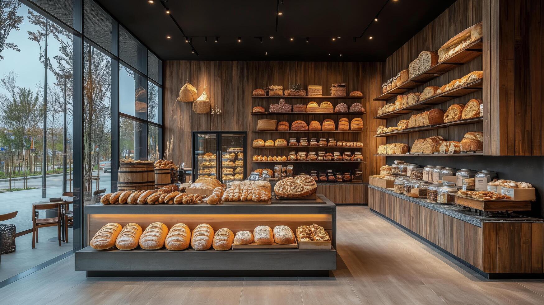 Bakery interior showcasing a variety of artisan breads and pastries in a modern design. photo