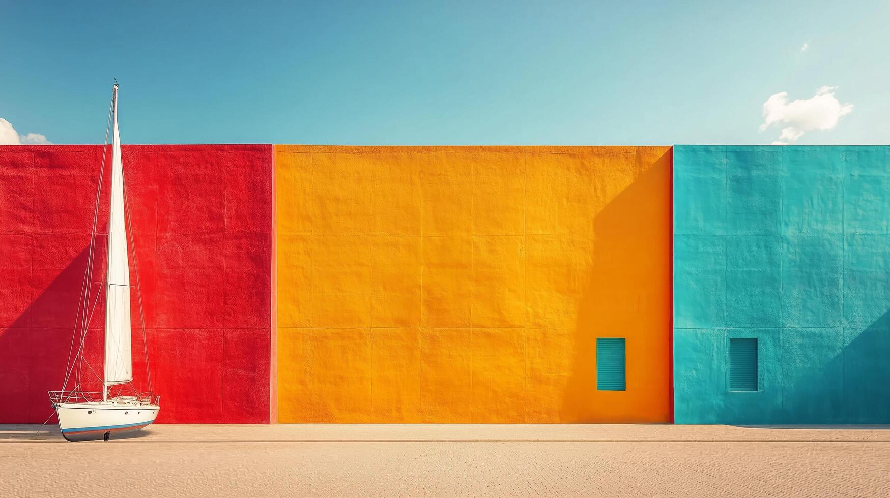 Colorful wall with sailboat in front at vibrant location during sunny day. photo