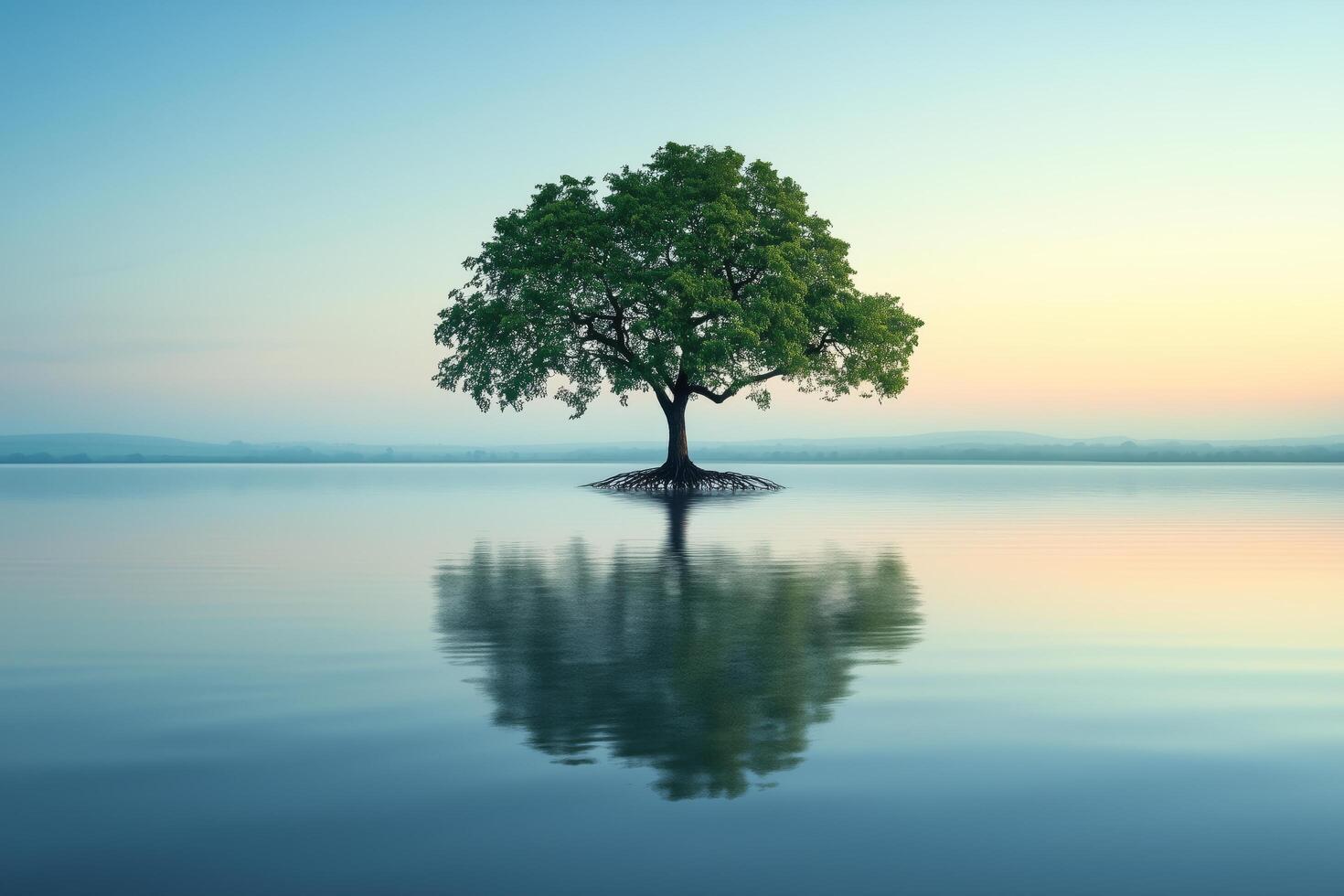 Solitary tree stands in calm water reflecting the serene sky at dawn. photo