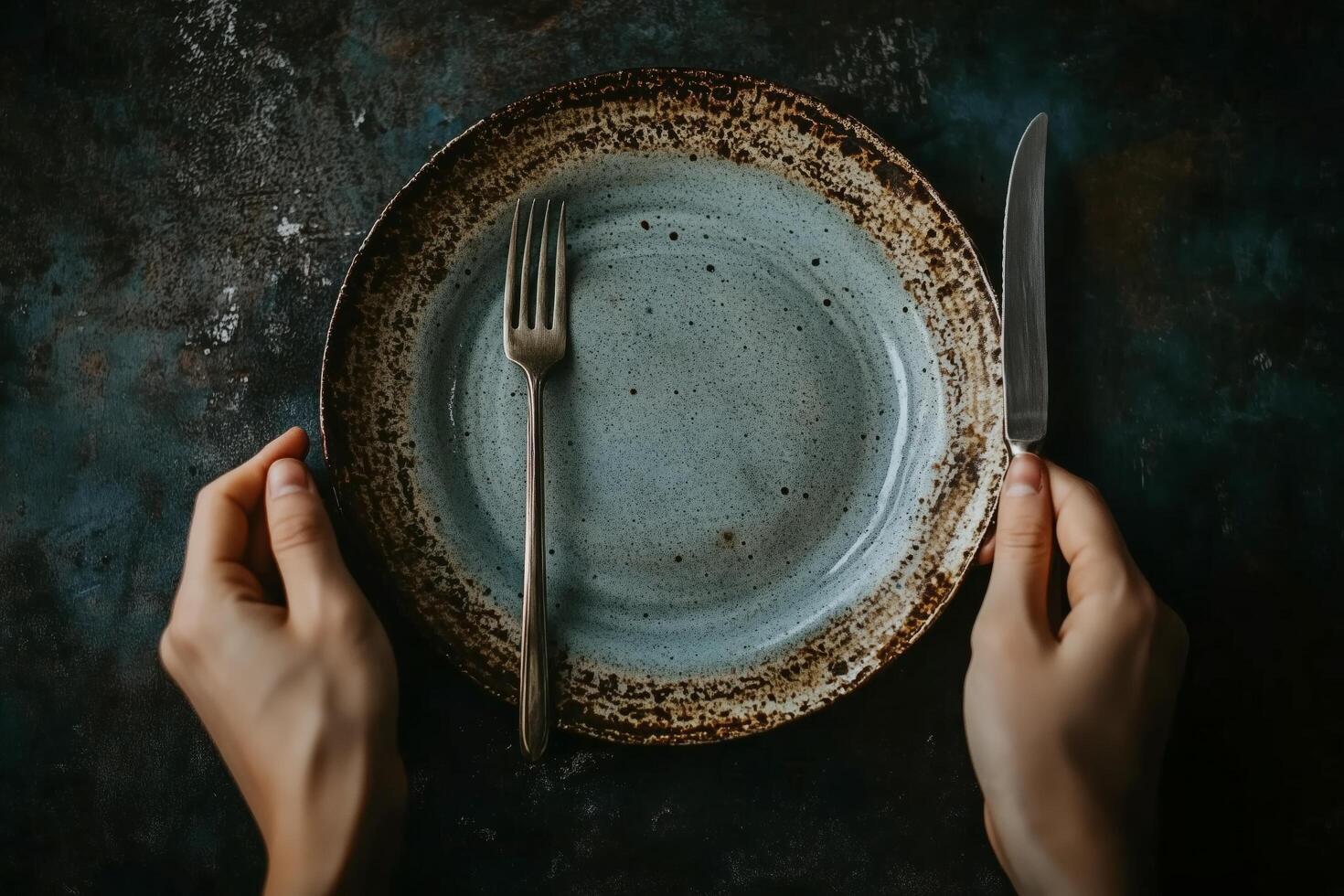 Hands holding a fork and knife next to an empty plate in a dimly lit setting. photo