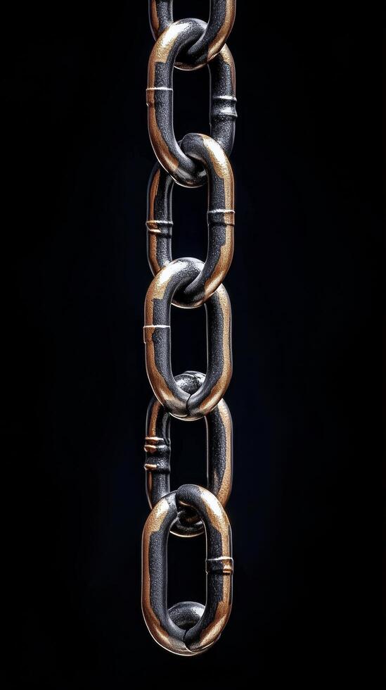Close-up view of a metal chain hanging against a black background with unique shadow effects. photo
