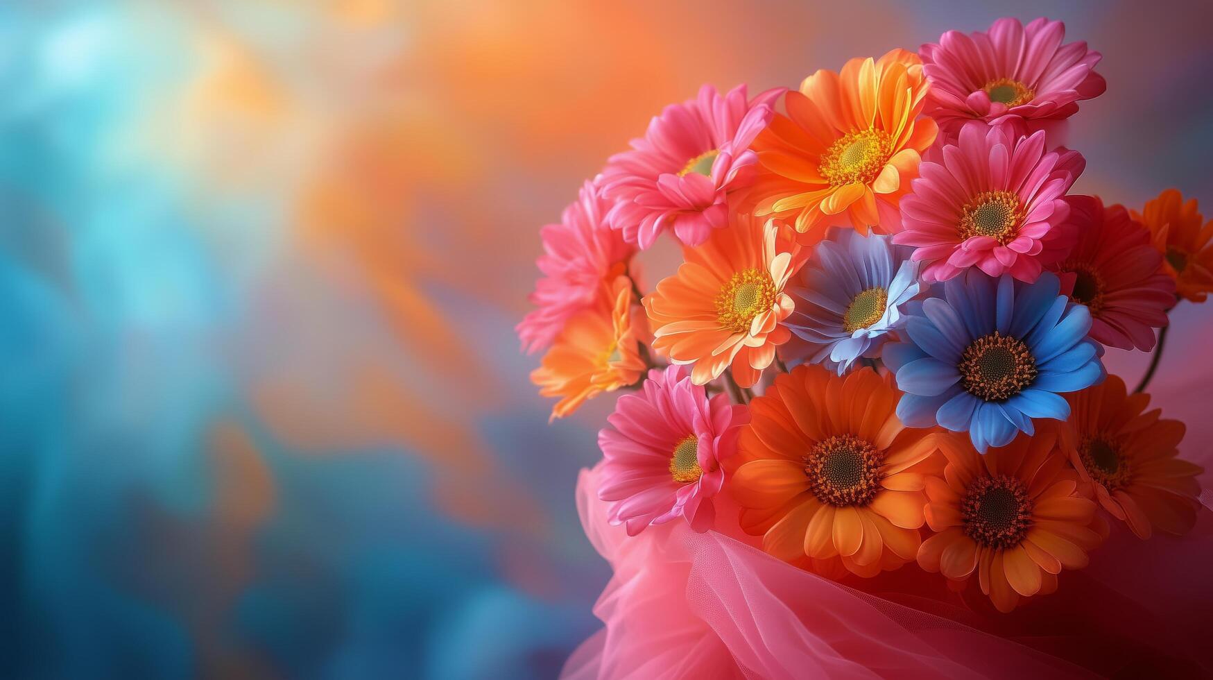 Vibrant bouquet of colorful flowers in soft light with dreamy background. photo