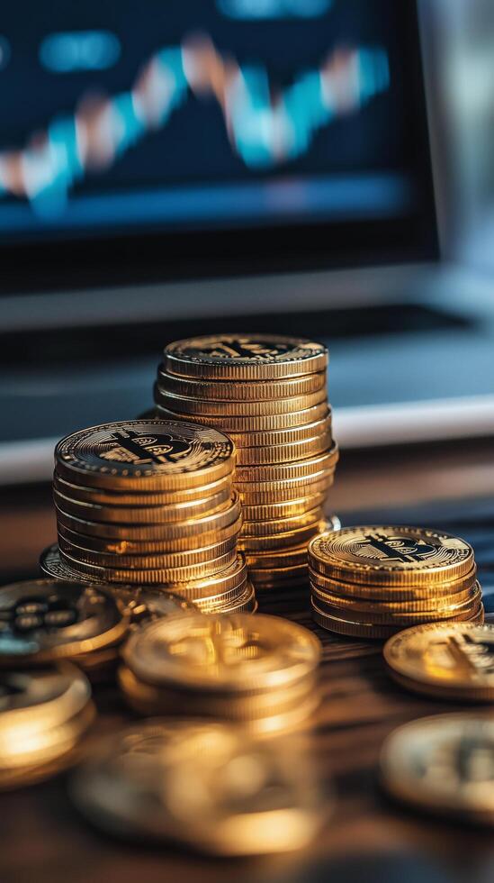 Gold coins stacked on a wooden table in front of a laptop screen displaying financial data. photo