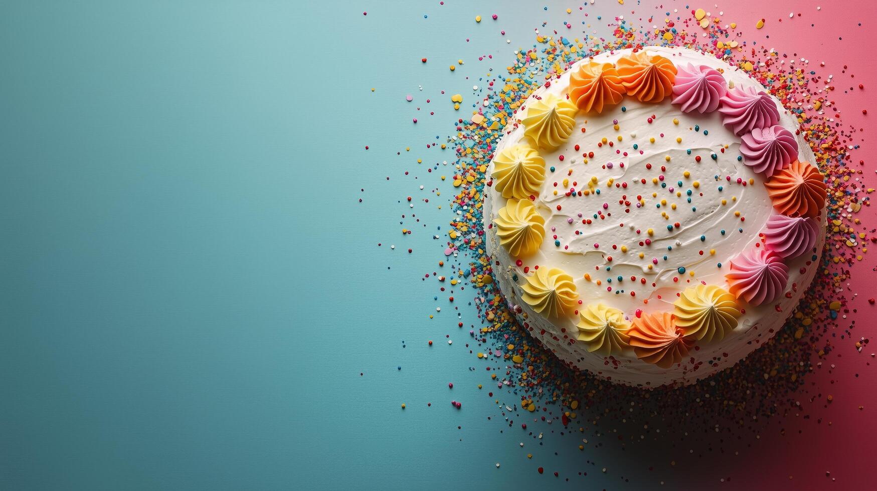 Colorful birthday cake decorated with frosting and sprinkles on a vibrant background. photo