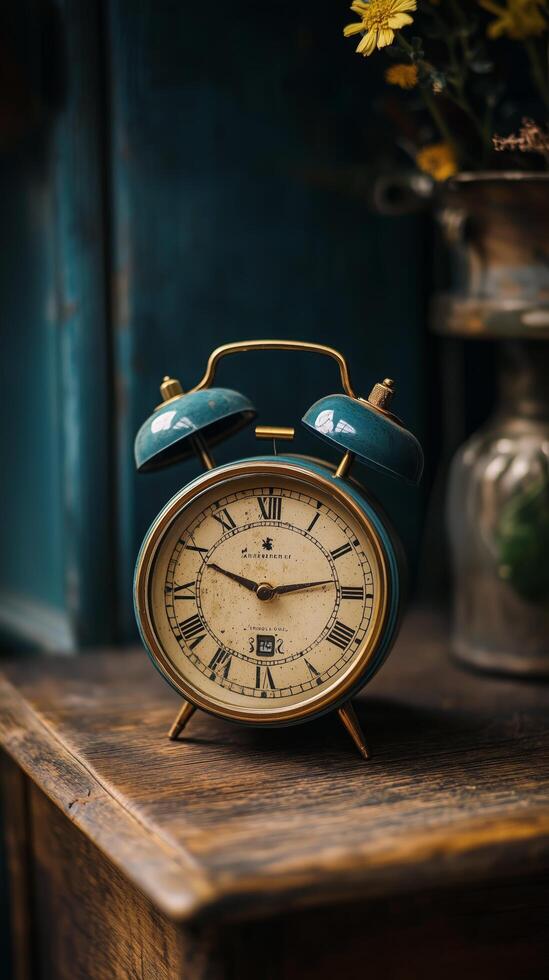 Vintage alarm clock on wooden table with rustic decor and soft lighting. photo