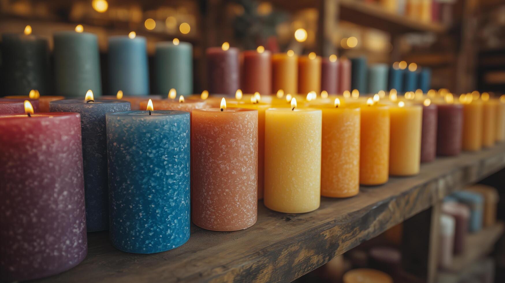 Colorful candles arranged on a wooden shelf in a warm, inviting shop setting. photo