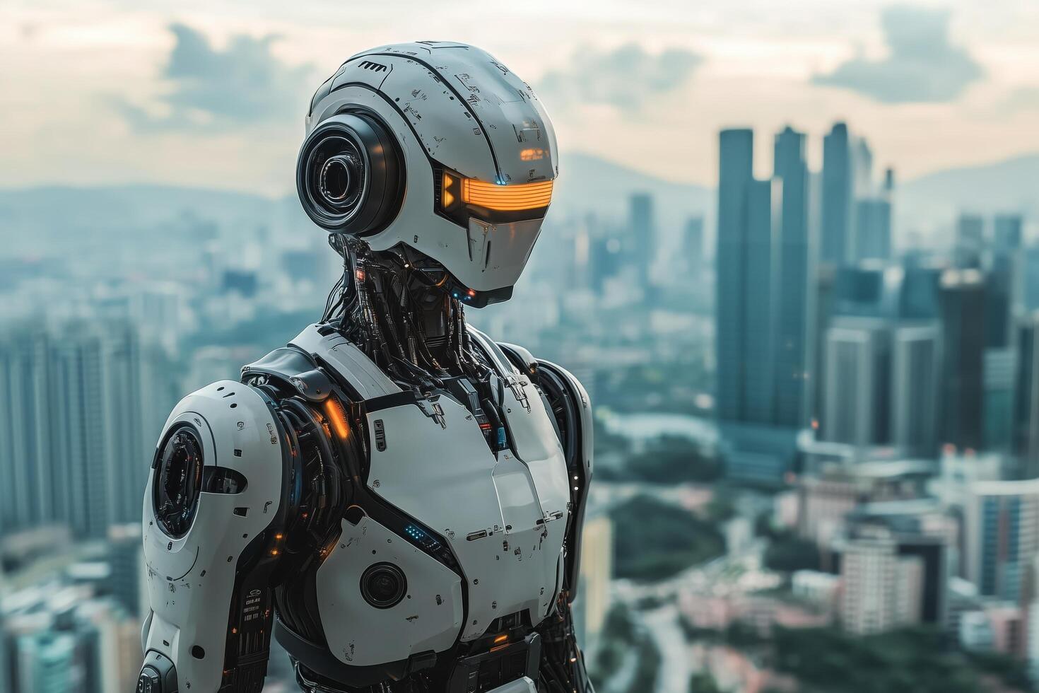 Robot stands on a rooftop overlooking a city skyline at sunset with futuristic architecture. photo