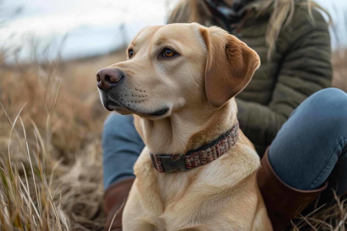 Labrador retriever sits calmly beside a person in a grassy field during a cloudy day. photo