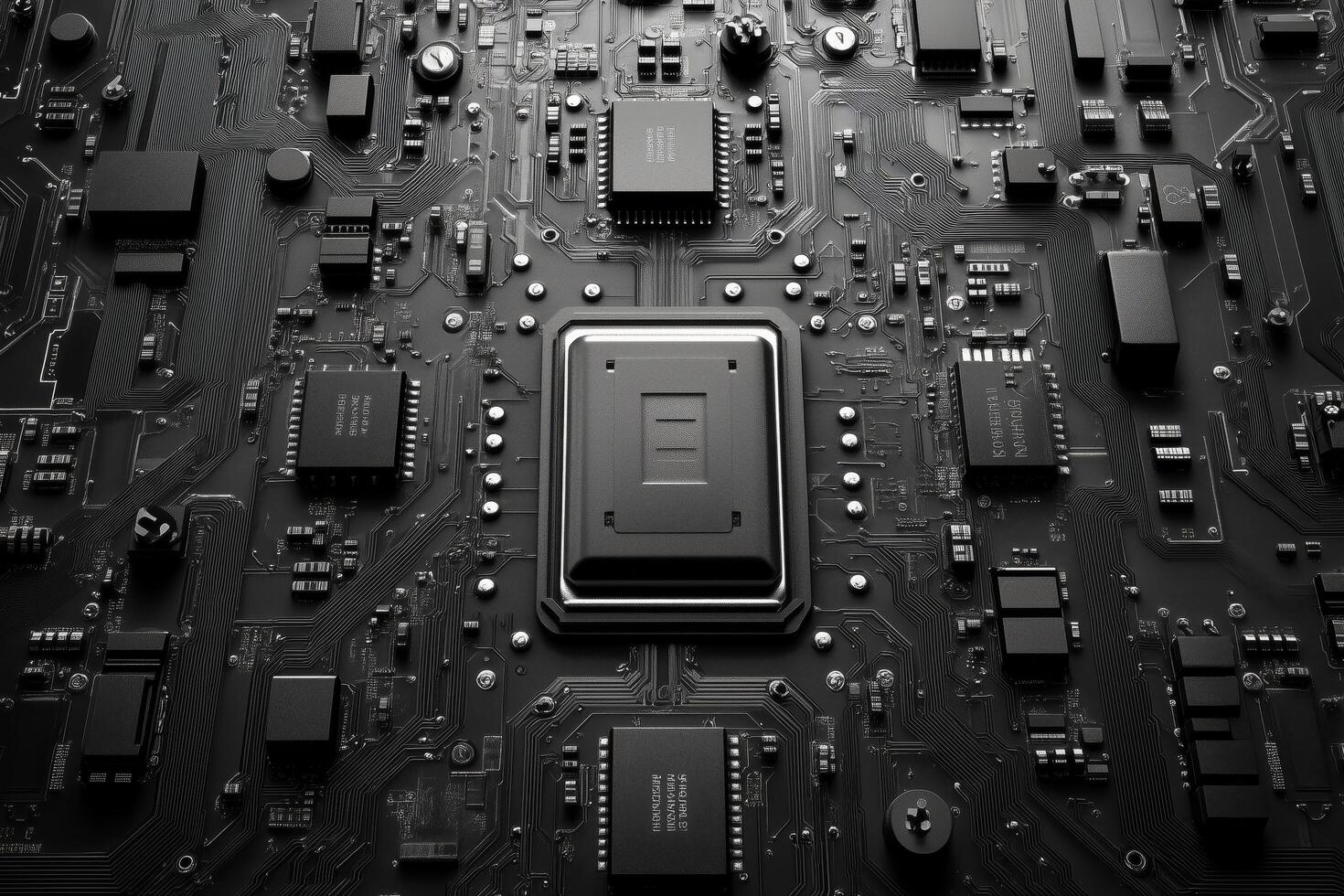 Close-up view of a complex circuit board with multiple chips and connections in a technology environment. photo