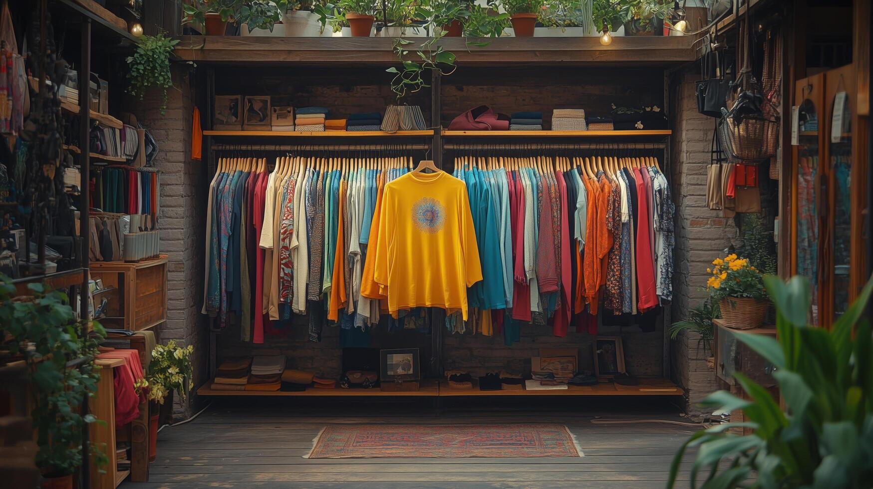 Colorful clothing display in a cozy boutique with vibrant garments hanging neatly. photo