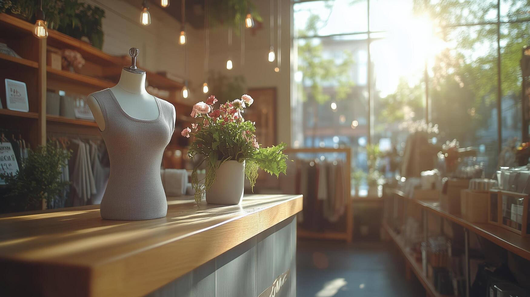 Beautiful boutique with sunlight streaming through windows and stylish display of garments and flowers. photo