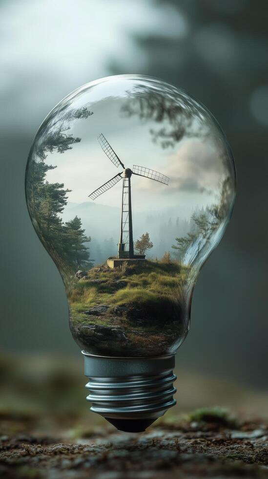 Creative artwork of a light bulb containing a wind turbine landscape in a serene forest setting. photo