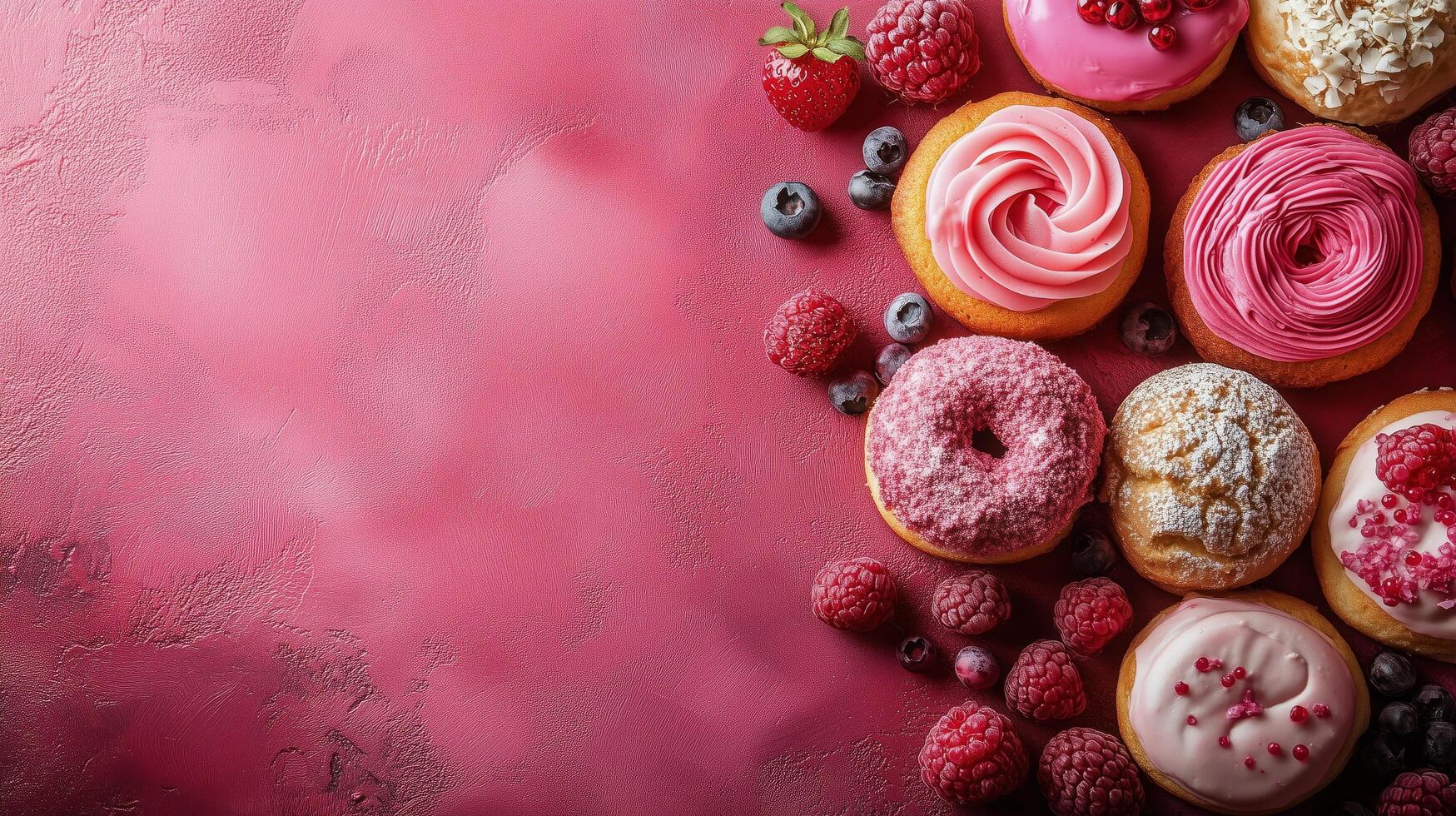 Delicious array of pink frosted donuts with fresh berries on a vibrant pink background. photo