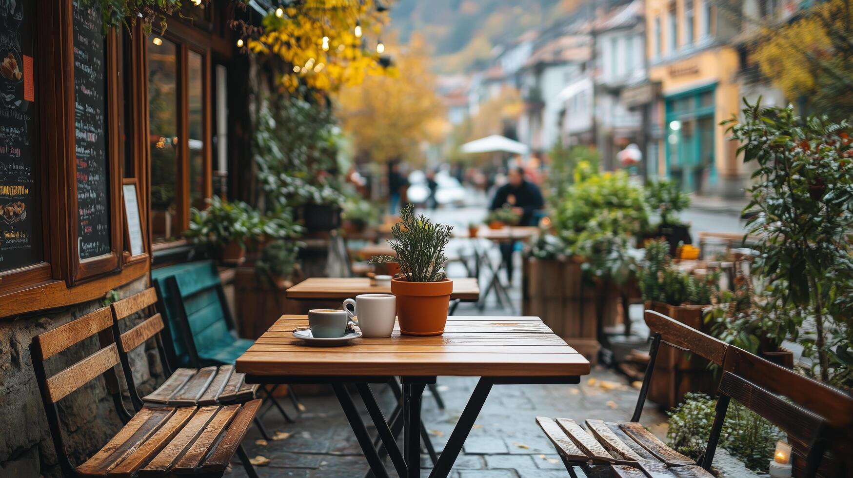 Outdoor cafe with cozy tables and autumn foliage in a charming street setting. photo