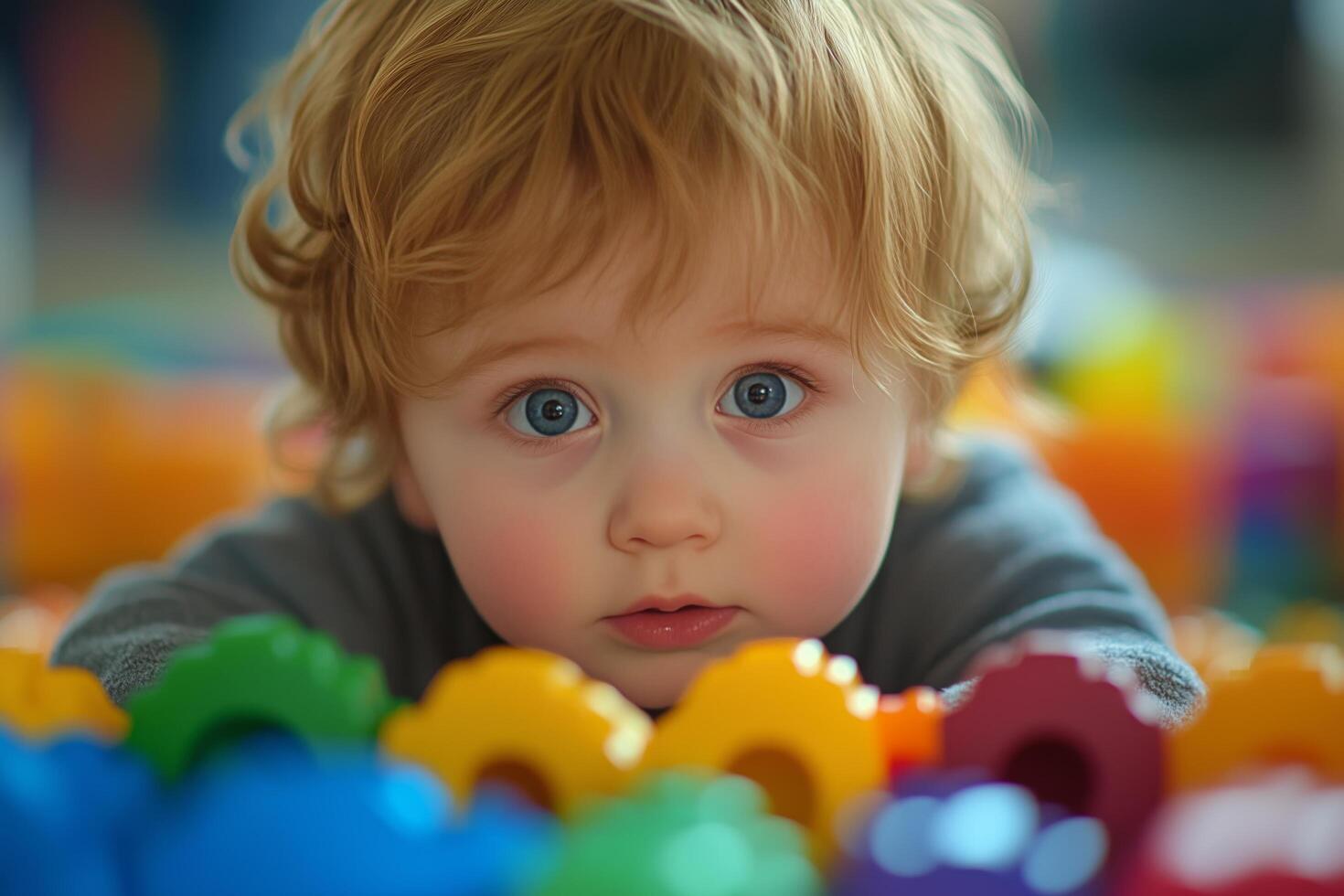 Child playing with colorful toys on a bright floor in a cheerful indoor environment. photo