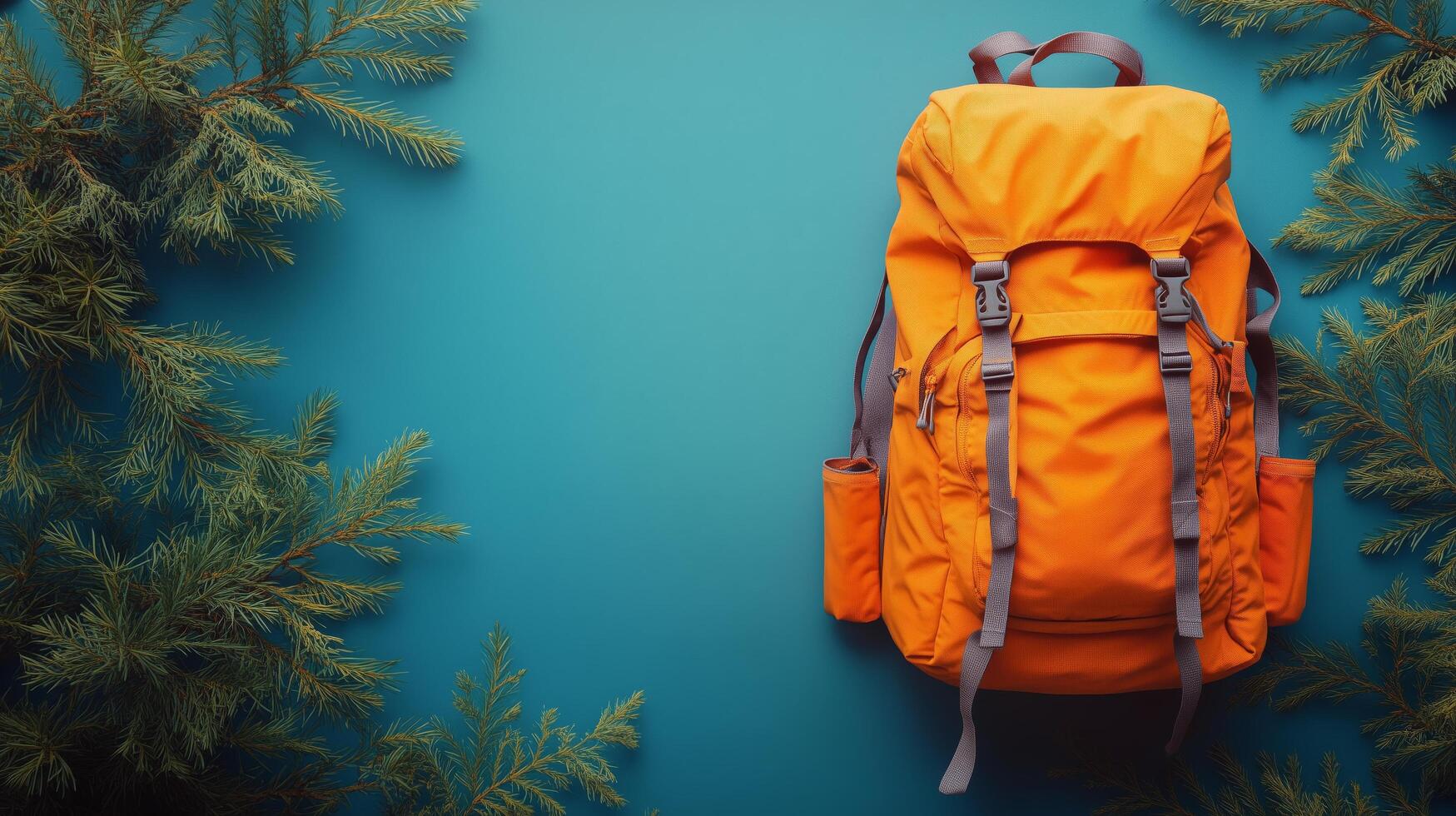 Vibrant orange backpack resting on teal background surrounded by evergreen branches. photo