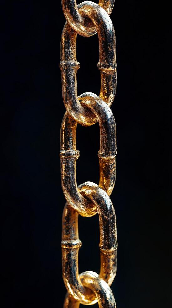 Golden chain links shining against a black background highlighting textured details. photo