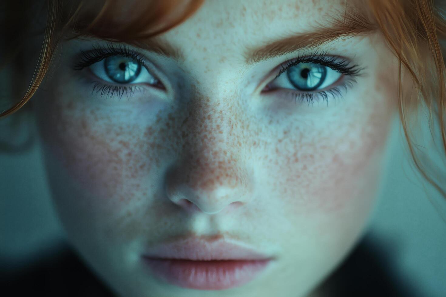 Close-up portrait capturing captivating blue eyes and natural freckles of a red-haired individual. photo
