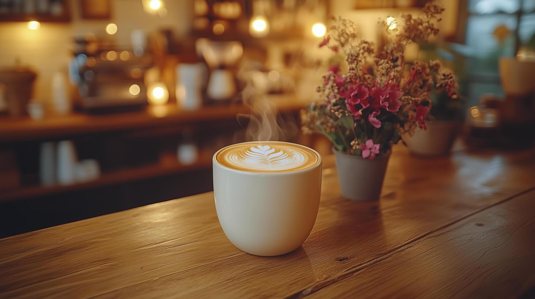 Warm latte art with steam in a cozy cafe setting during evening hours. photo