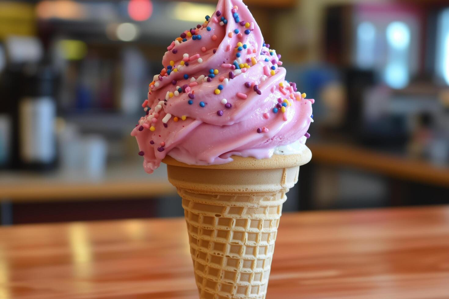 Delicious pink swirl ice cream served in a waffle cone at a local parlor. photo